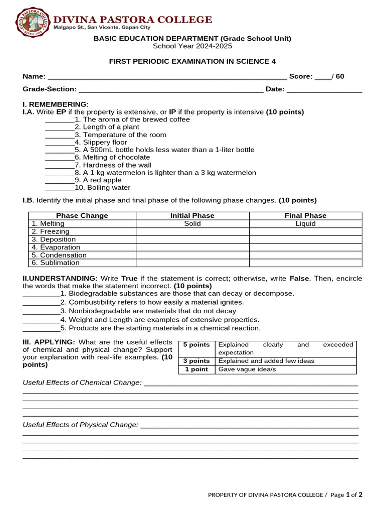 Science 4 First Periodic Exam 2024-2025 | PDF
