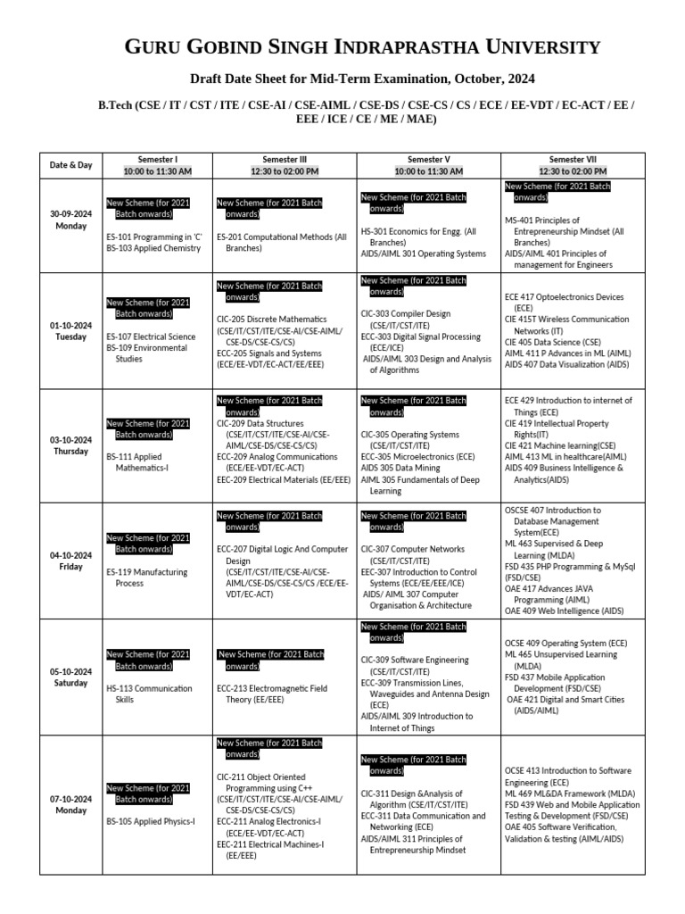 Mid-Term Exam Date Sheet 2024 | PDF | Electronic Engineering ...