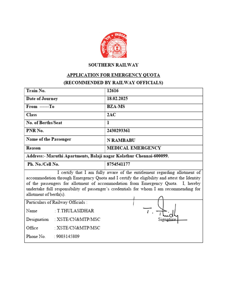 Southern Railway Emergency Quota Application | PDF