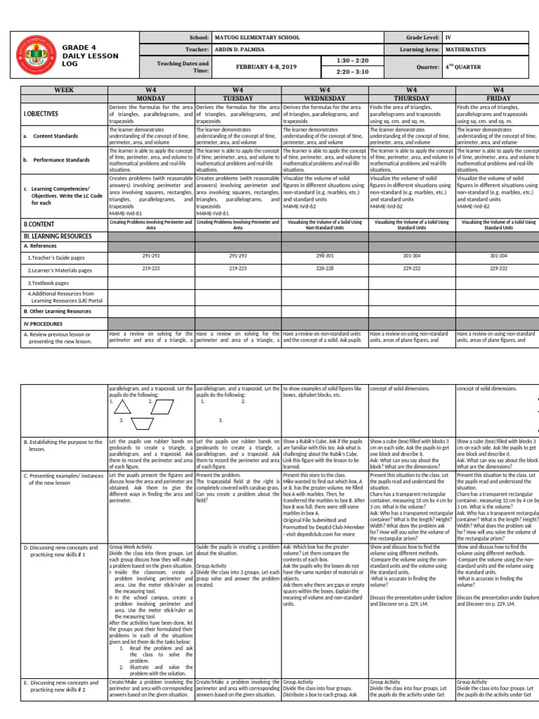 Grade 4 DLL Math 4th Quarter Week 4 | PDF | Area | Volume