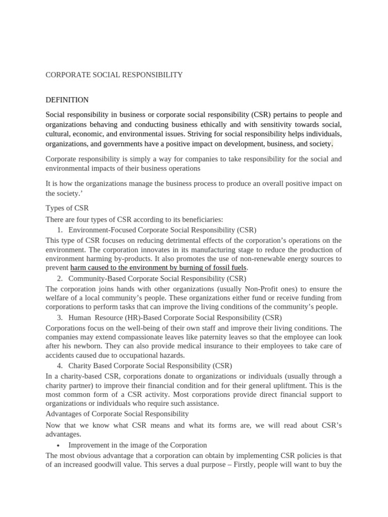 Types and Benefits of Corporate Social Responsibility | PDF | Corporate ...