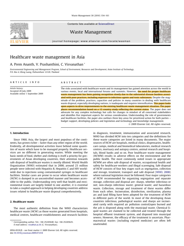 2009 Healthcare Waste Management in Asia | PDF | Waste | Incineration