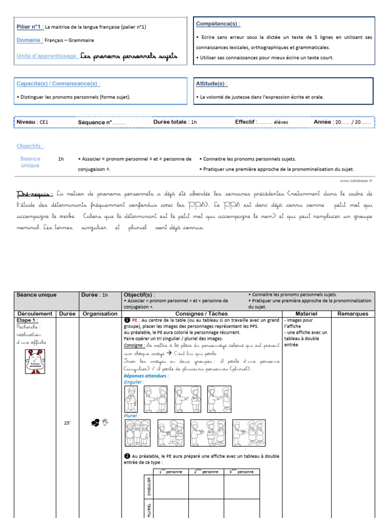 Séquence sur les pronoms personnels CE1 | PDF | Nombre grammatical ...