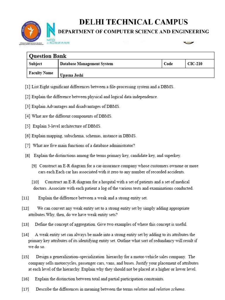 DBMS Question Bank and Exercises | PDF | Relational Model | Pl/Sql