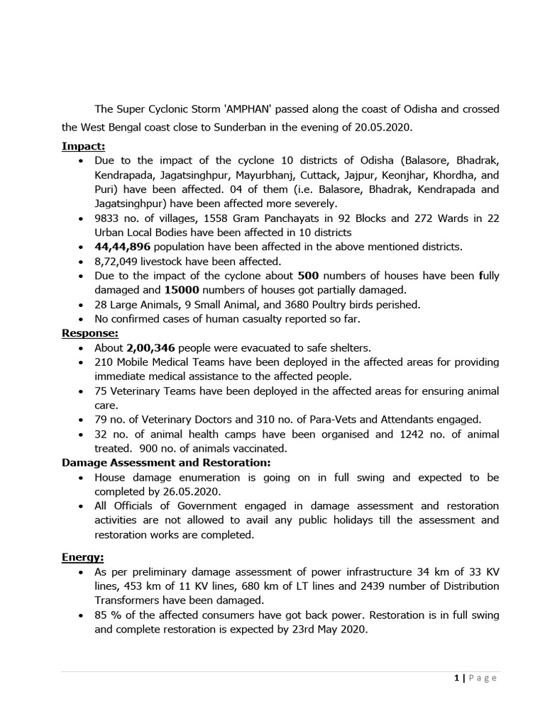 Cyclone Amphan Damage Assessment Report | PDF | Vortices | Disasters