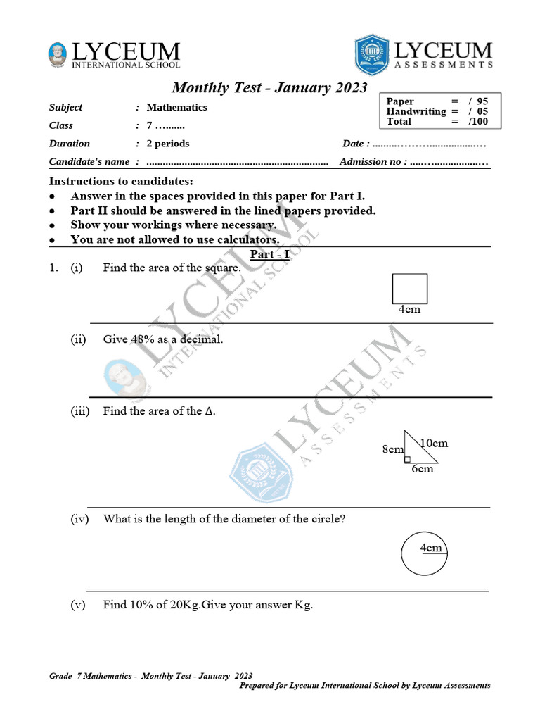 Grade 7 Maths Test - January 2023 | PDF | Area | Elementary Mathematics