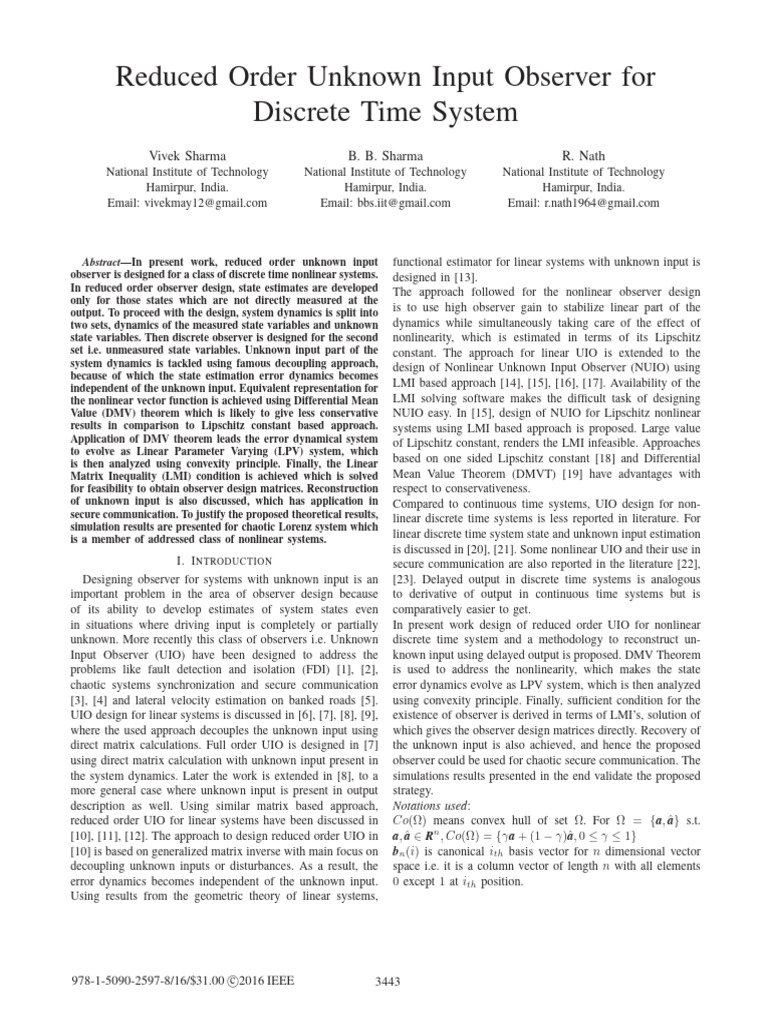 Reduced Order Unknown Input Observer For Discrete Time System - TENCON ...