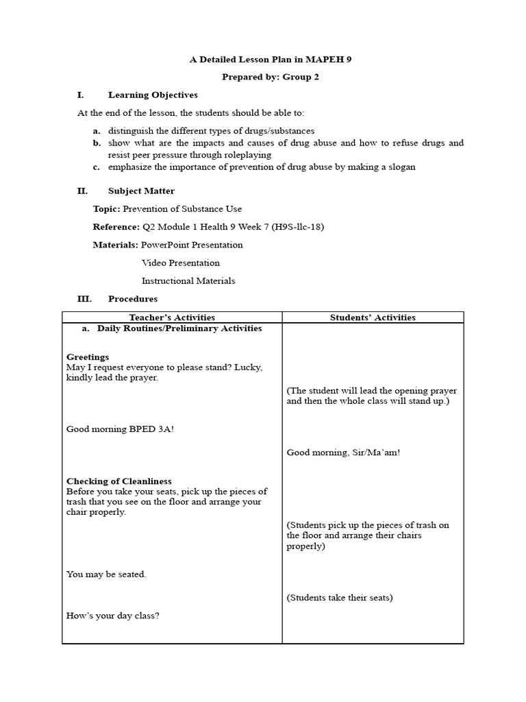 MAPEH 9 Lesson Plan: Drug Abuse Prevention | PDF | Stimulant ...