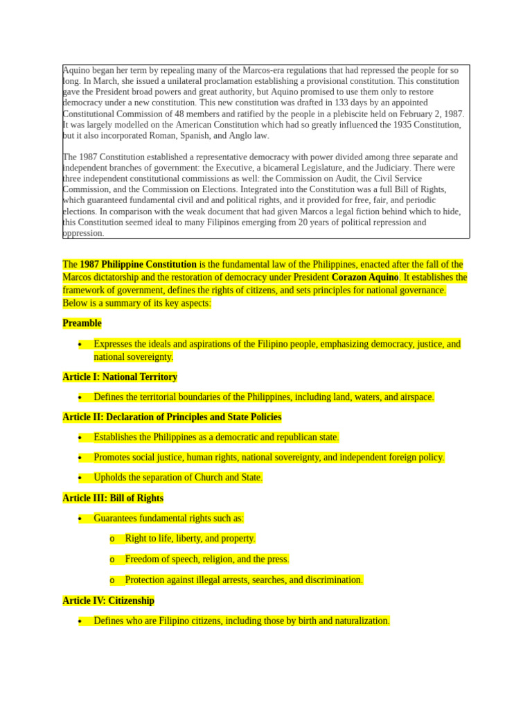 Overview of the 1987 Philippine Constitution | PDF | Constitution ...