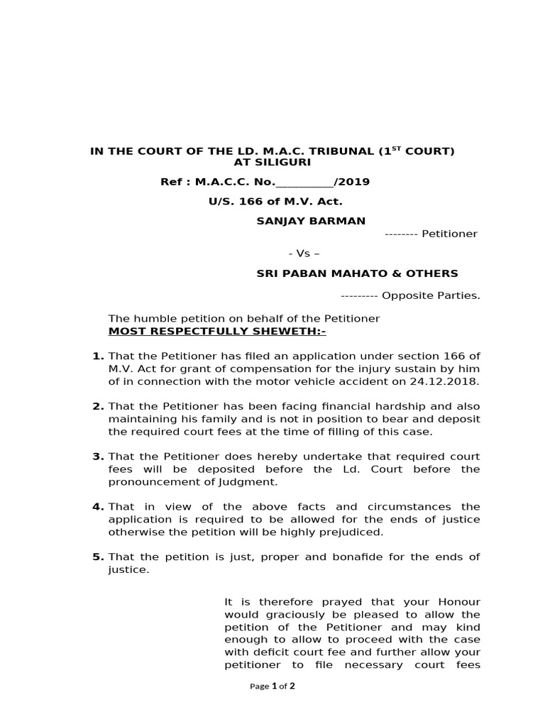 Motor Accident Compensation Petition | PDF