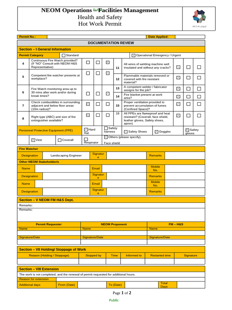 NEOM Hot Work Permit Guidelines | PDF | Personal Protective Equipment ...