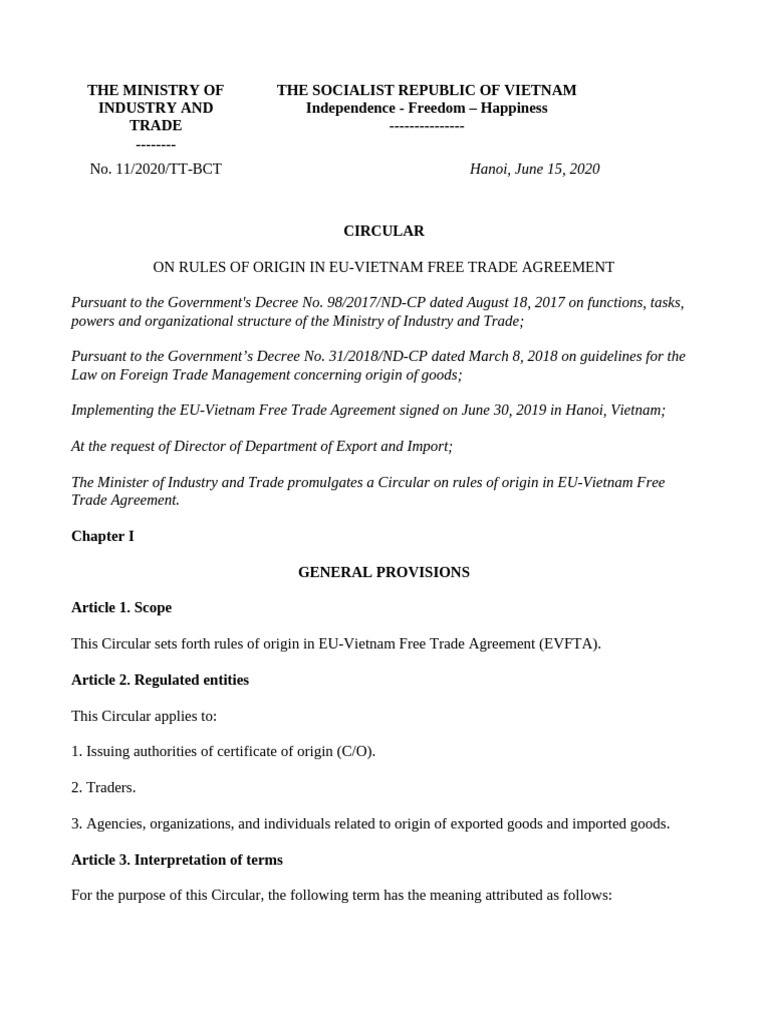 EU-Vietnam FTA Rules of Origin Circular | PDF