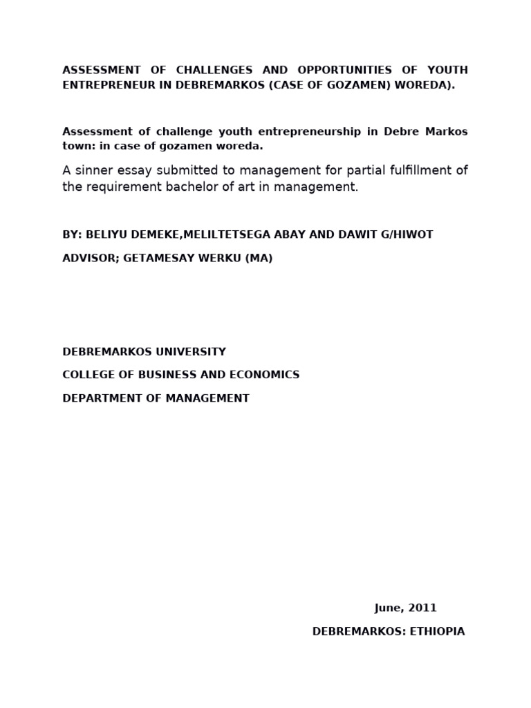 Youth Entrepreneurship Challenges in Gozamen | PDF | Entrepreneurship ...