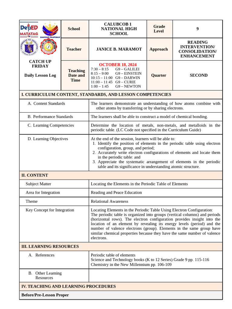 Grade 9 Chemistry Periodic Table Lesson Pdf Periodic Table