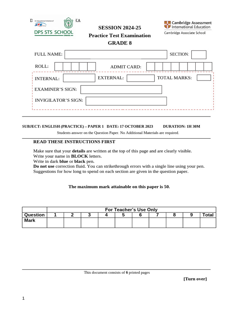 Grade 8 English Practice Test 2024-25 | PDF