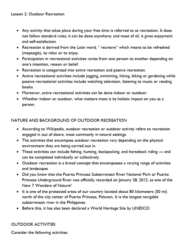 Benefits of Outdoor Recreation Activities | PDF | Outdoor Recreation ...