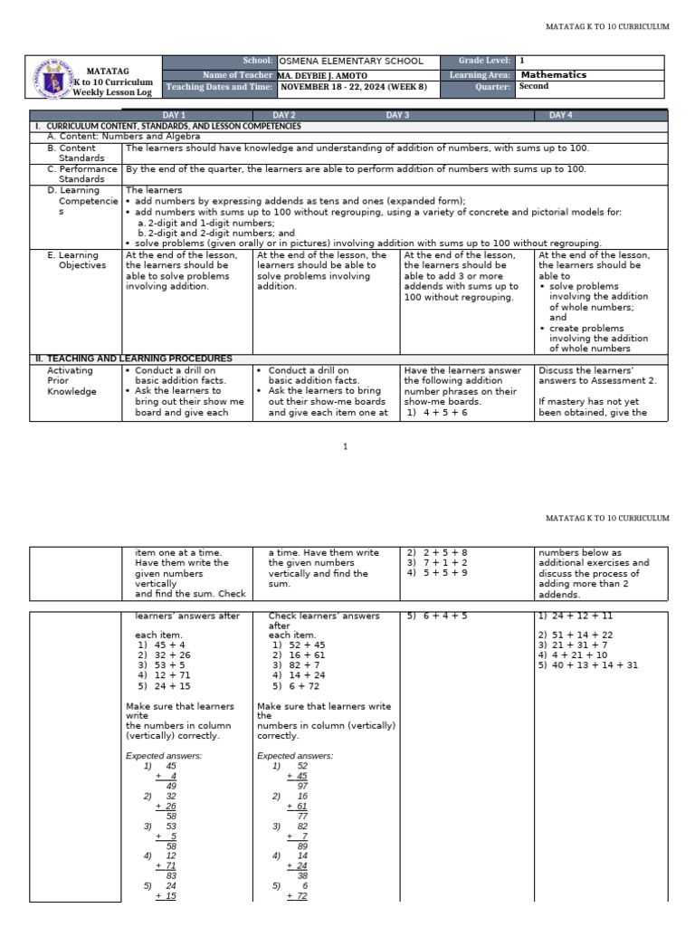 Grade 1 Math Lesson: Week 8 Addition | PDF | Curriculum | Mathematics
