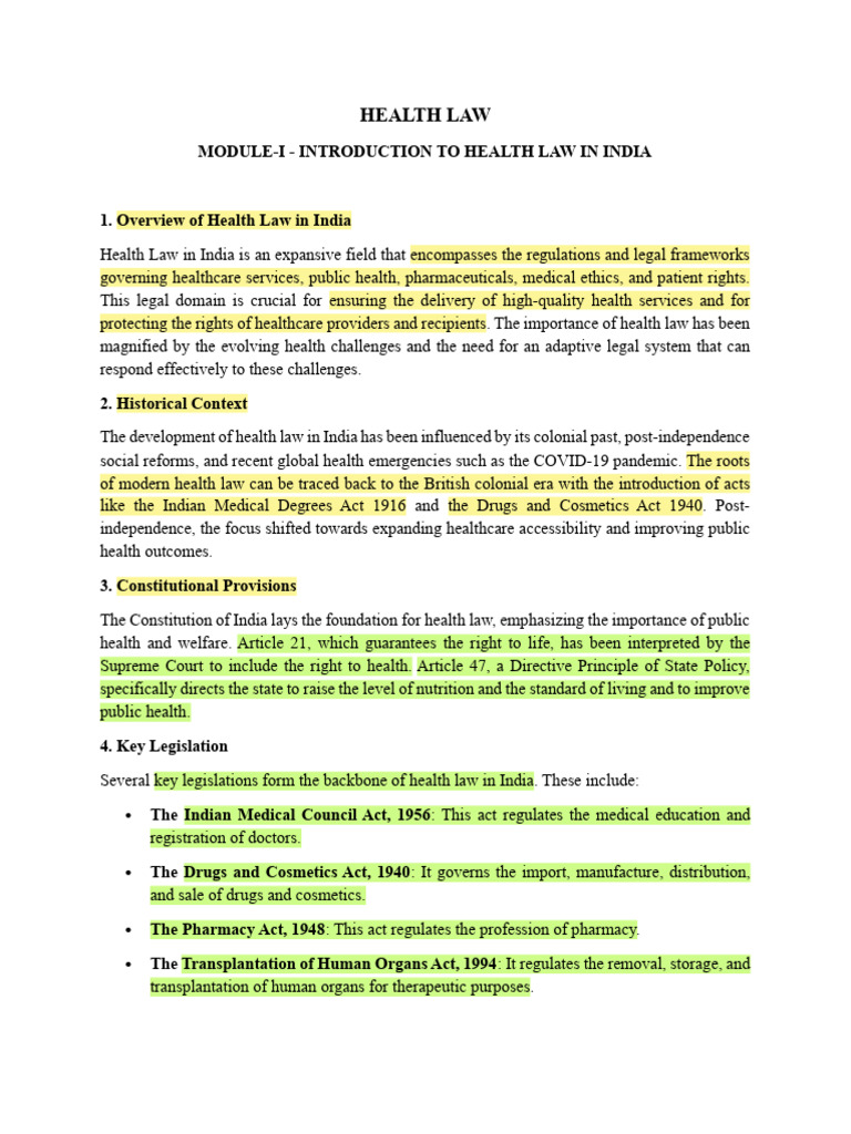 Health Law Overview in India | PDF | Medical Ethics | Trips Agreement