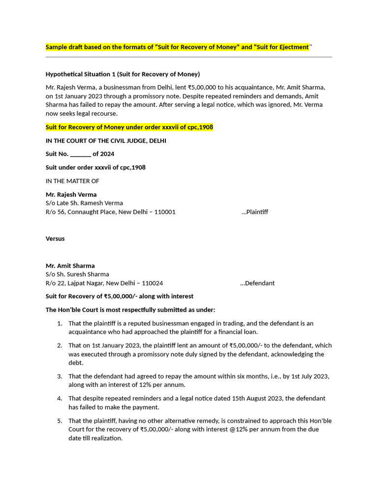 Legal Drafts: Money Recovery & Ejectment | PDF | Lease | Land Law