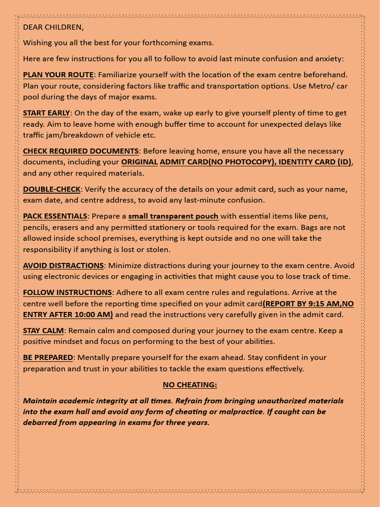 Board Exam Instructions for Students | PDF