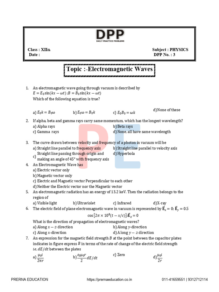 Electromagnetic Waves Class XII Questions | PDF | Electromagnetic ...