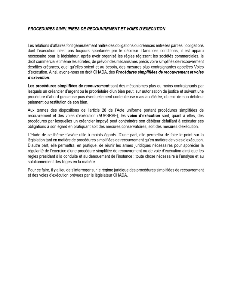 Procédures Simplifiées de Recouvrement OHADA | PDF