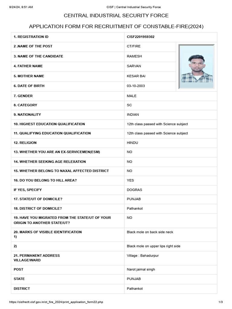CISF Constable-Fire Application 2024 | PDF | Justice | Crime & Violence