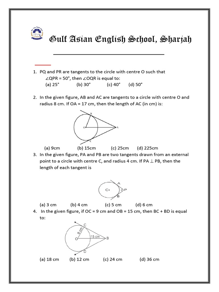 Grade 10 Circle MCQ Worksheet | PDF