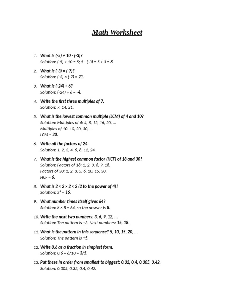 Comprehensive Math Worksheet Solutions | PDF | Odds | Numbers