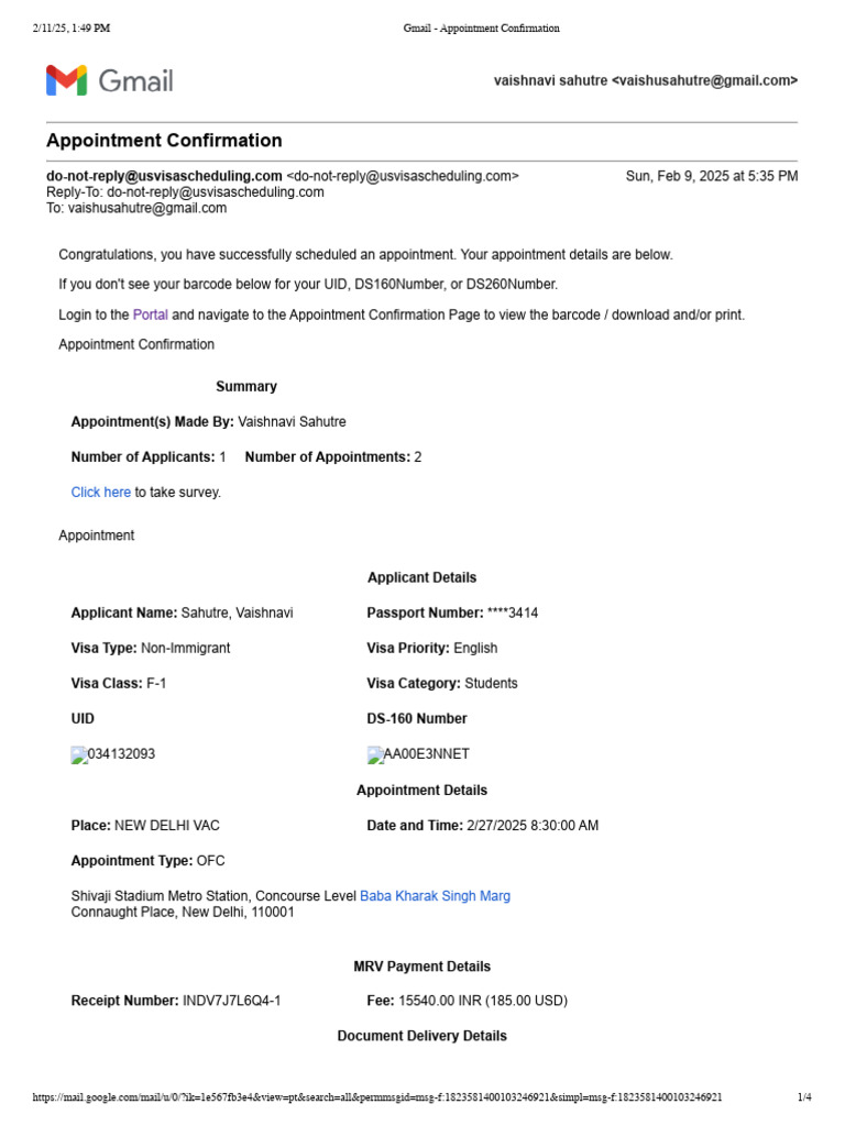 U S Visa Appointment Confirmation Pdf Travel Visa