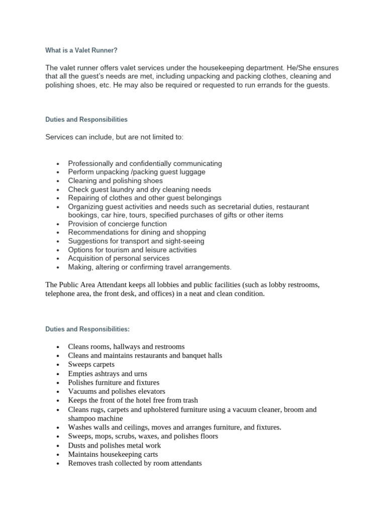 Valet Runner and Housekeeping Roles Explained | PDF | Laundry ...