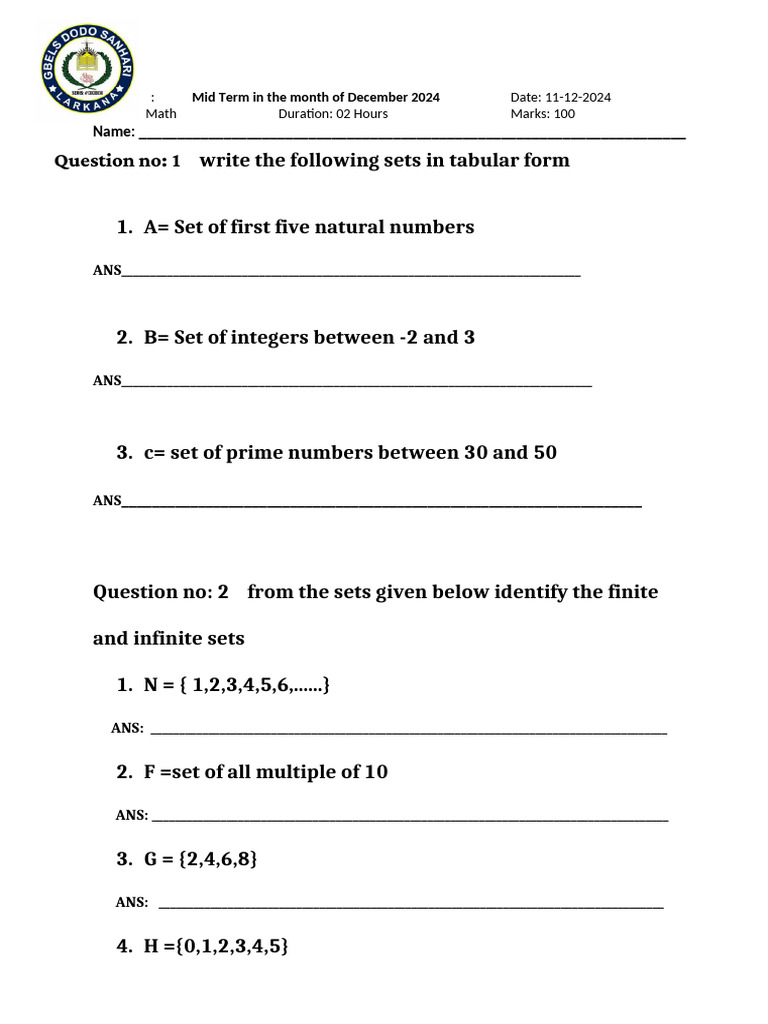 Class 6 Math Mid Term Exam 2024 | PDF | Mathematics | Discrete Mathematics