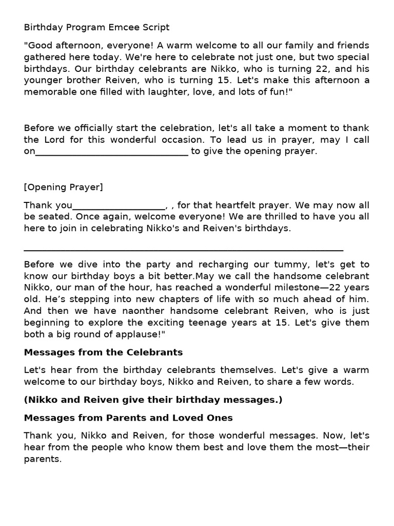Birthday Program Emcee Scrip | PDF
