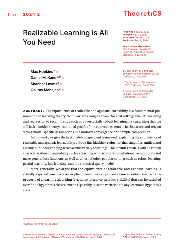 Realizable Learning Is All You Need: Max Hopkins Daniel M. Kane Shachar ...