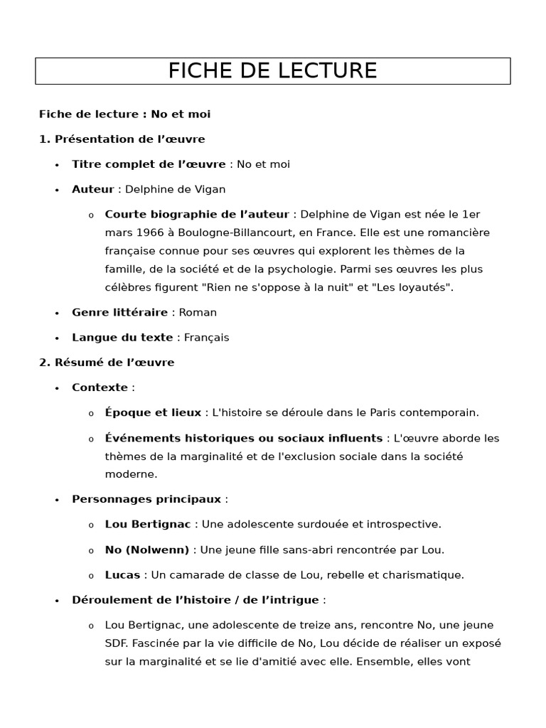 Analyse de "No et moi" de Delphine de Vigan | PDF | Romans