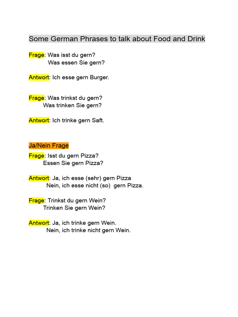 Some German Phrases To Talk About Food and Drink | PDF
