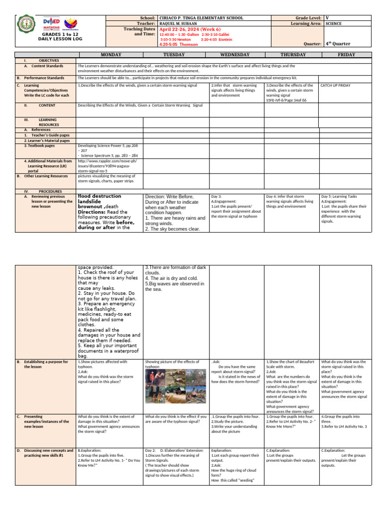 Grade 5 Science Lesson on Storm Signals | PDF | Tropical Cyclones | Wound