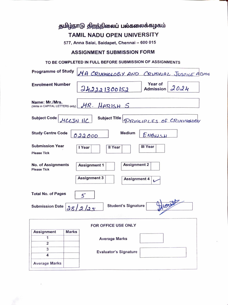 Tamil Nadu Open University Assignment Form | PDF