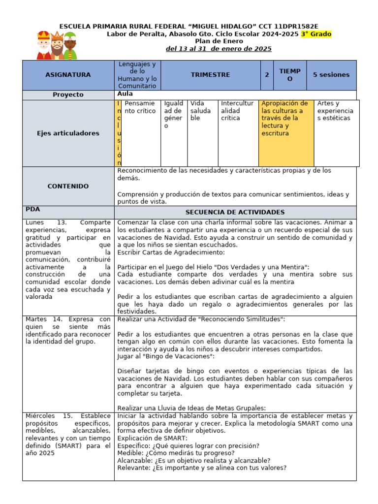 Plan de Clases 3° Grado Primaria 2025 | PDF | Comprensión lectora ...