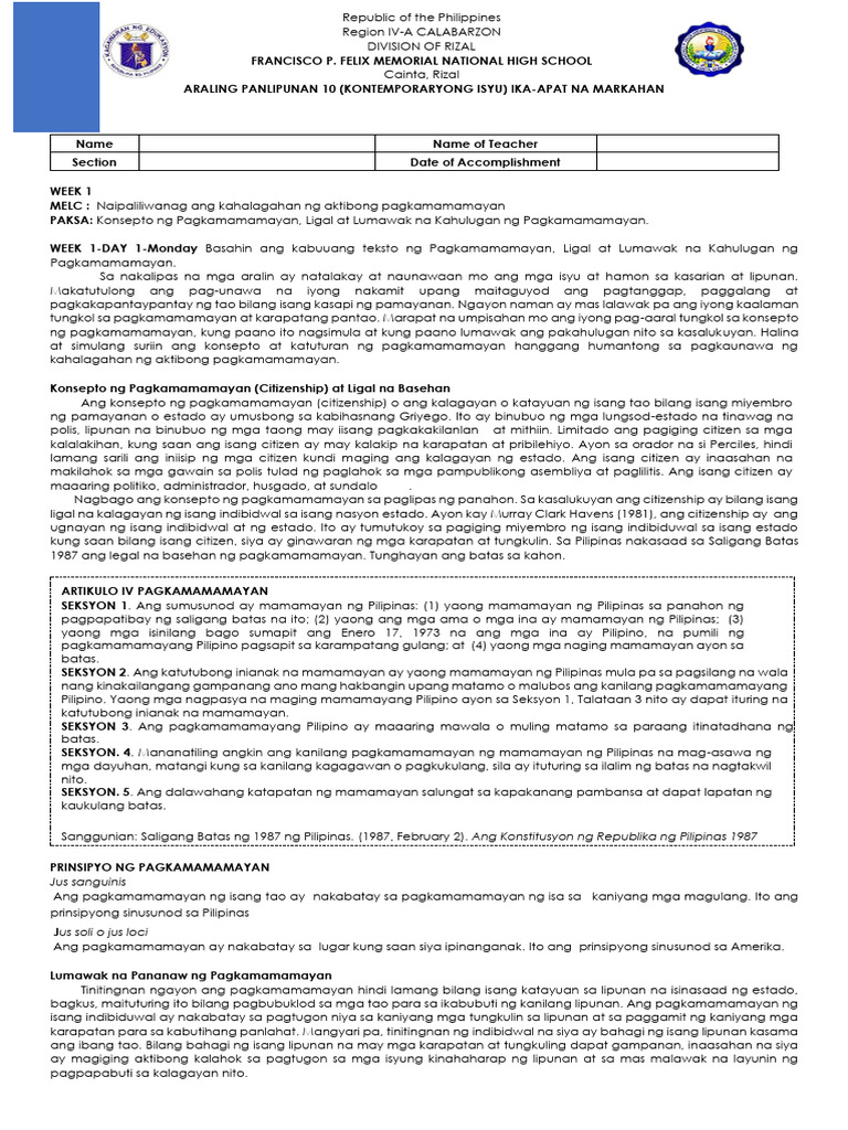 AP 10 Week 1 4 4th Quarter | PDF