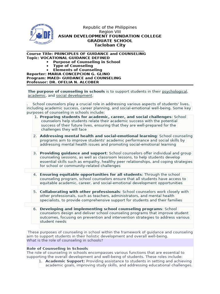 Vocational Guidance in School Counseling | PDF | Psychotherapy | School ...