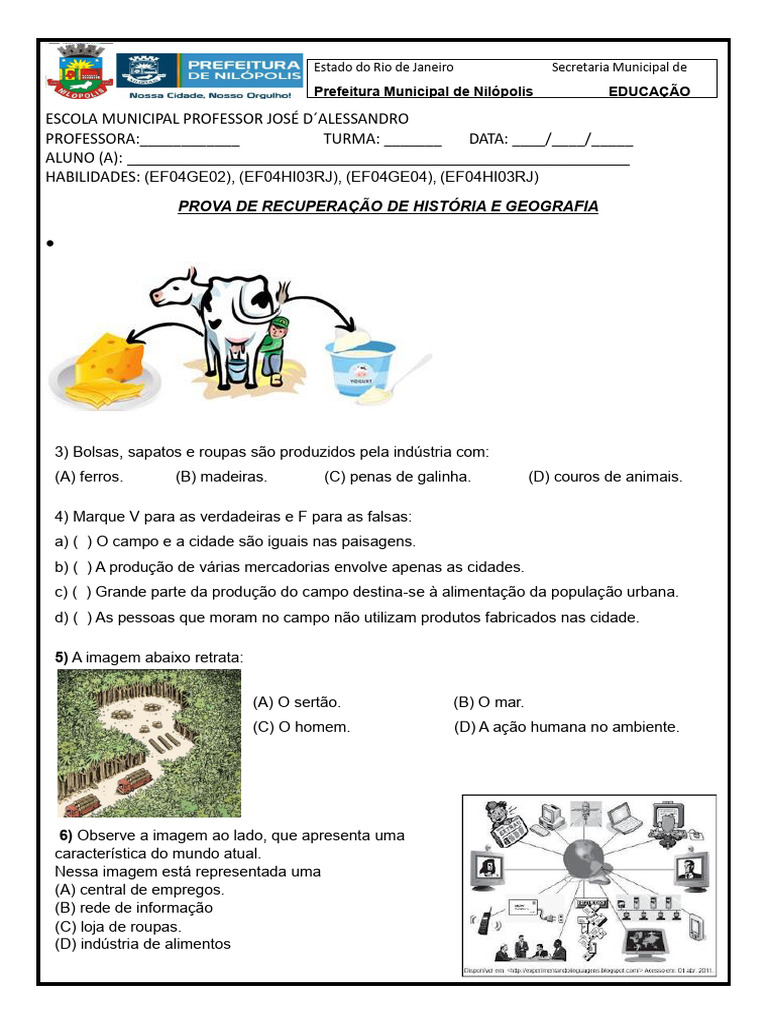 Prova de Recuperação: História e Geografia | PDF | Migração humana | Roupas