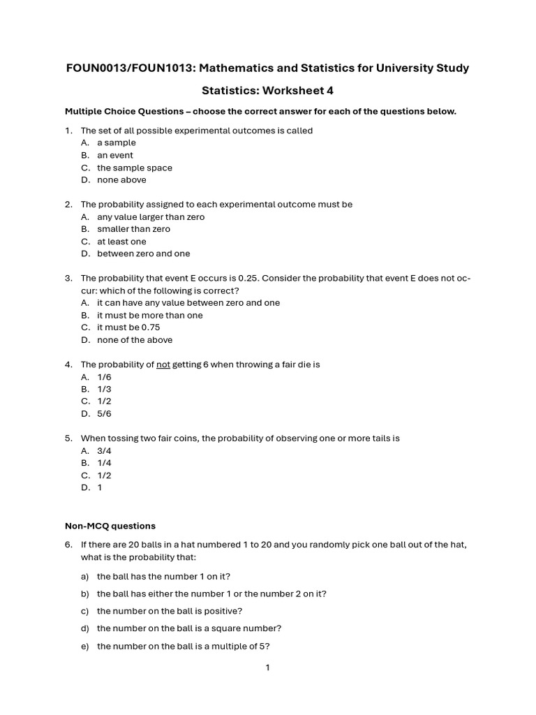 Statistics Worksheet: Probability Questions | PDF | Probability | Odds