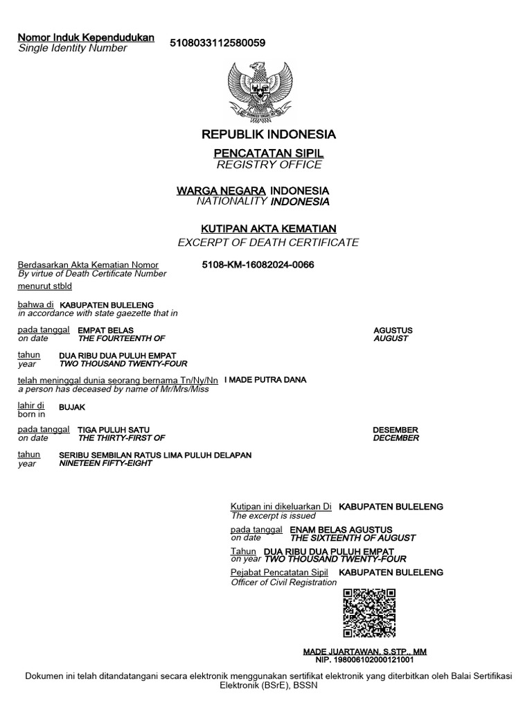 Kutipan Akta Kematian I Made Putra | PDF