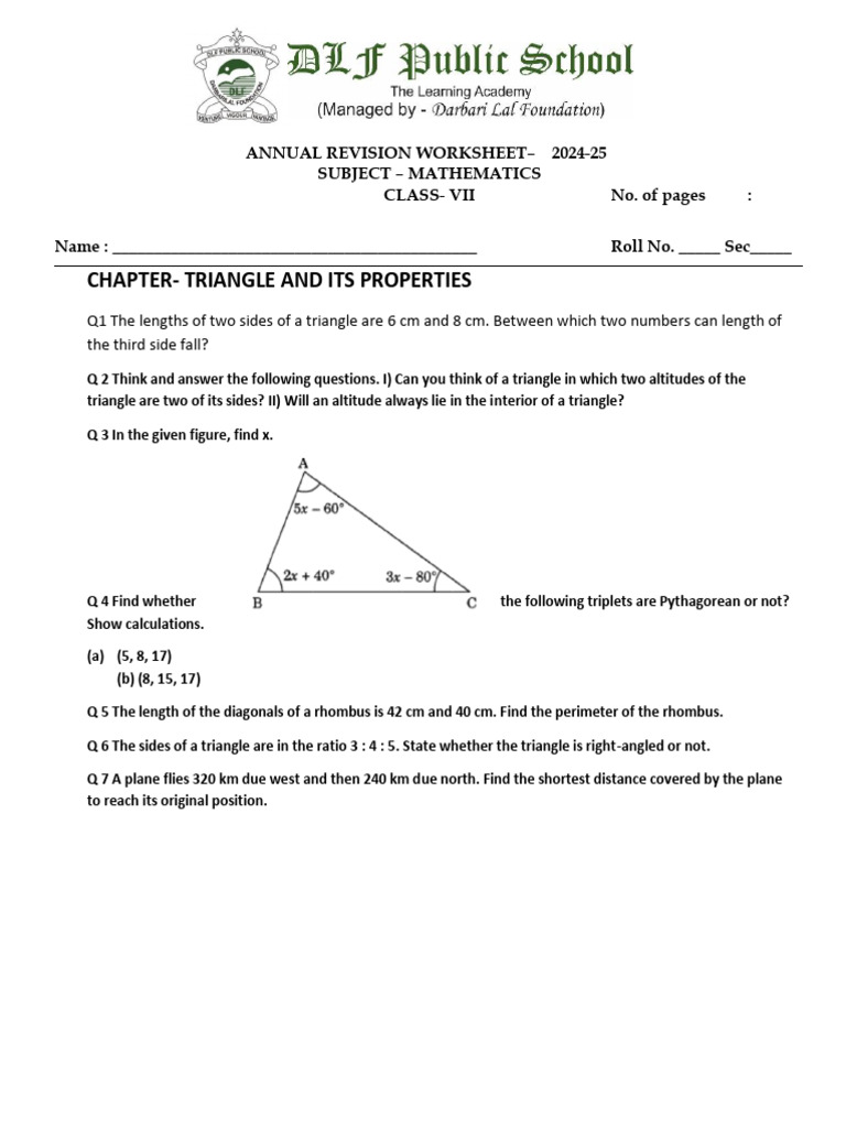 Class 7 Math Annual Revision Worksheet | PDF | Triangle | Area