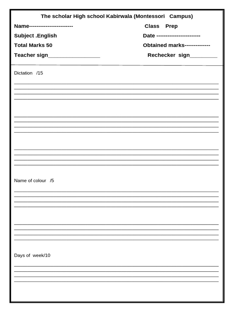English Assessment for Prep Class | PDF