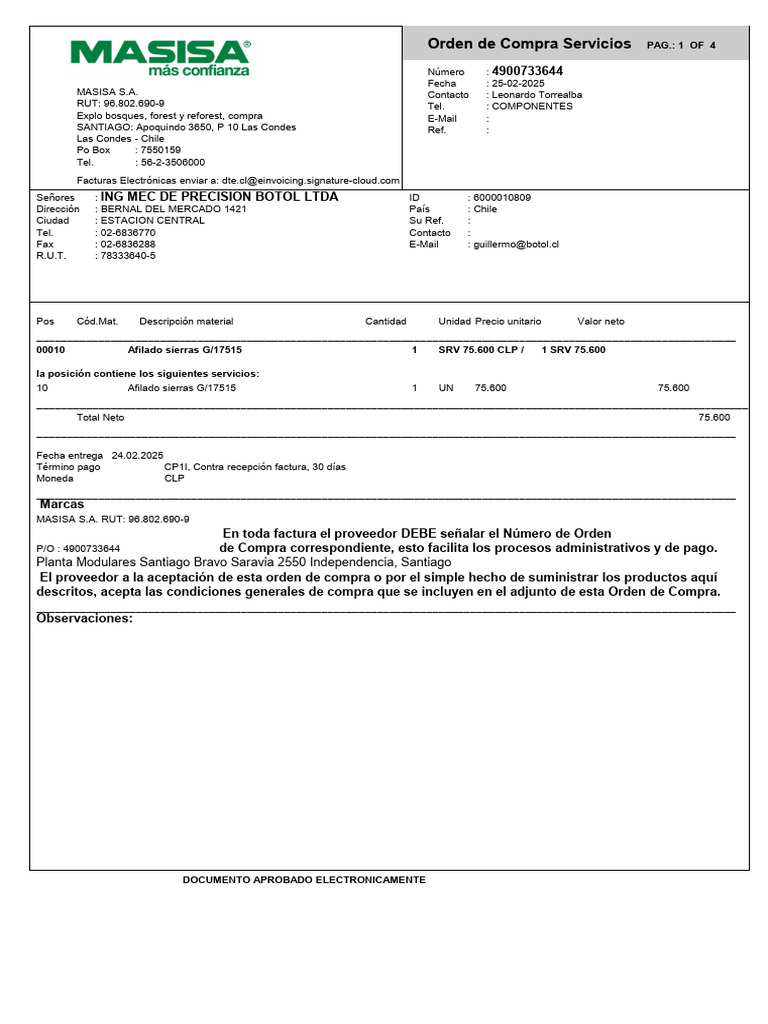 Orden de Compra Servicios: PAG.: 1 OF 4 | PDF | Pagos | Daños y perjuicios