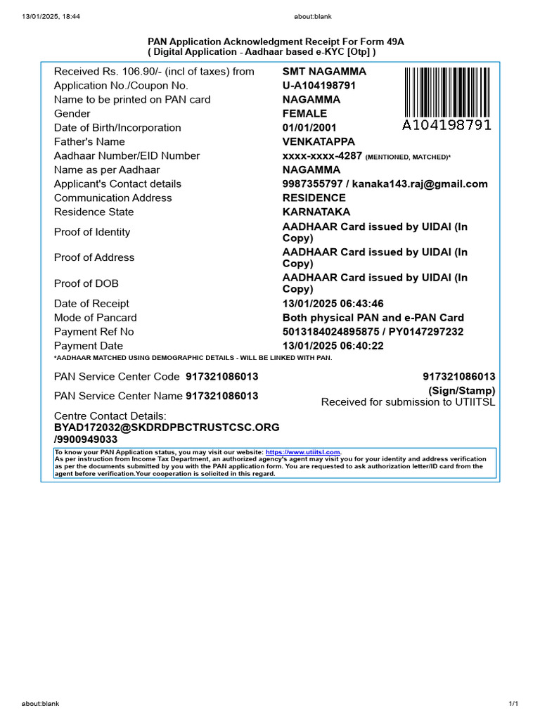 PAN Application Acknowledgment Receipt | PDF | Applications Of ...