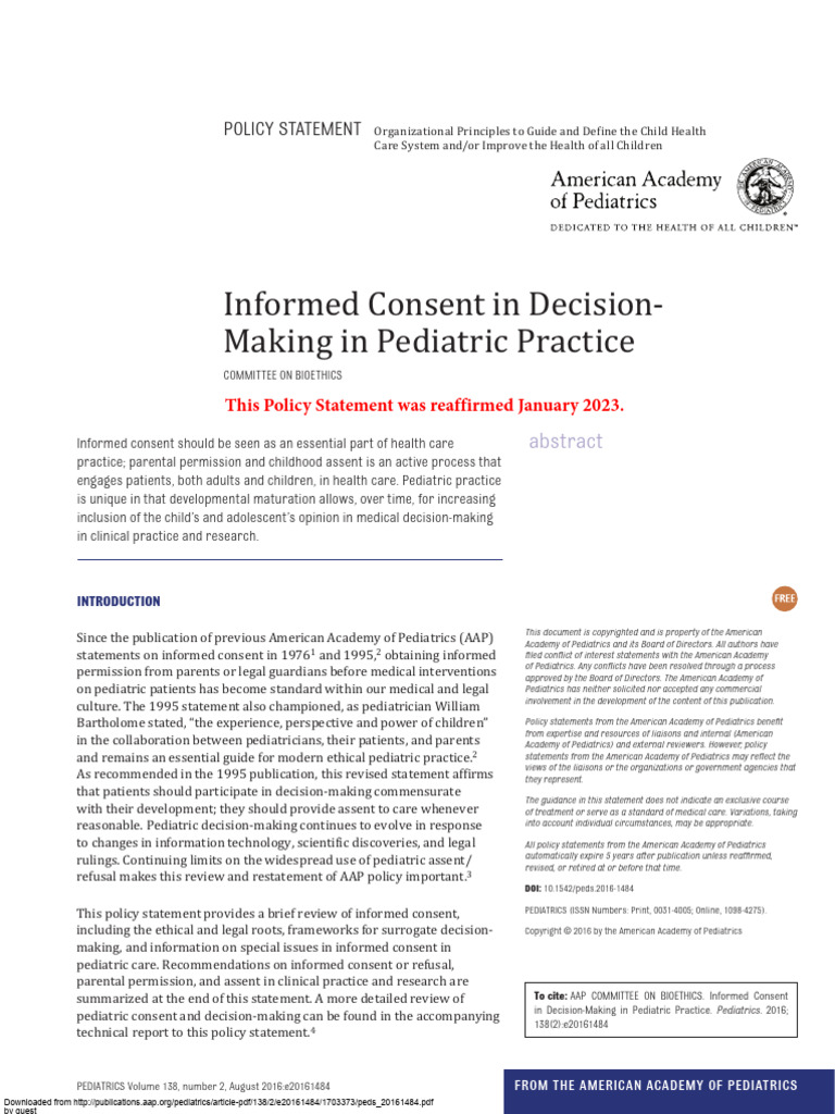 Informed Consent In Decision Making In Pediatric Practice Pdf