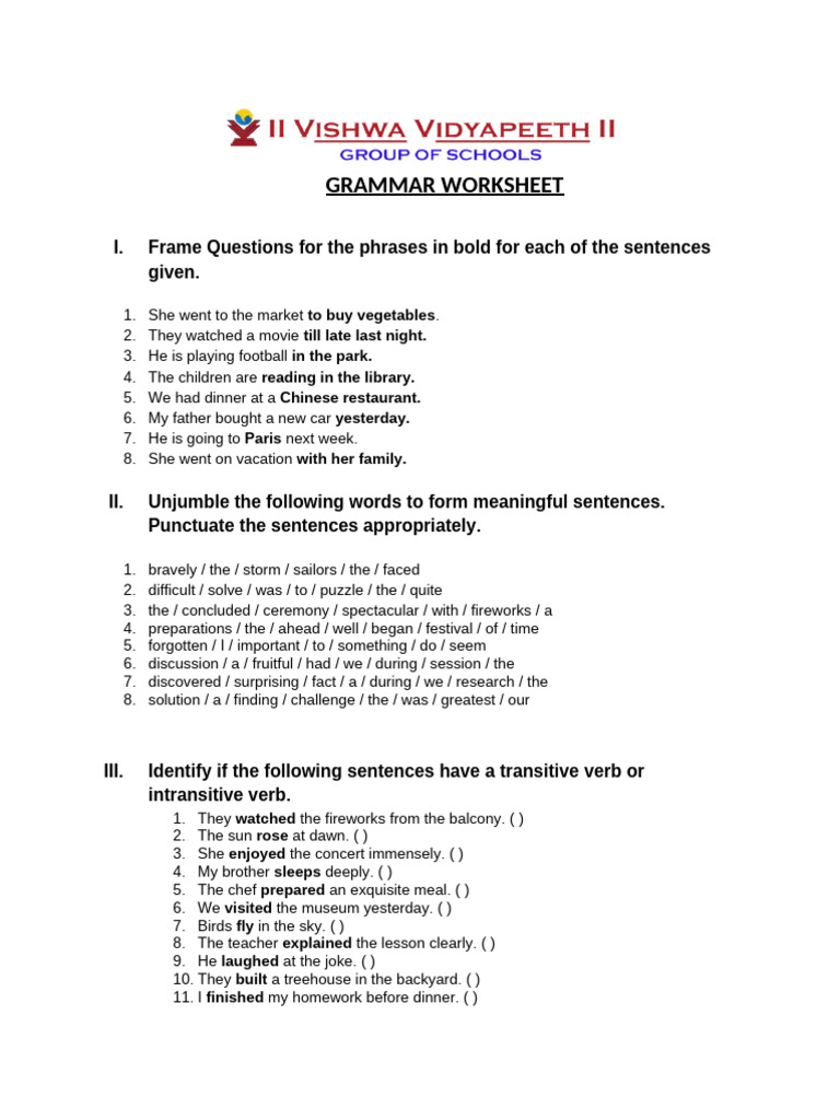 Grammar Worksheet Pdf